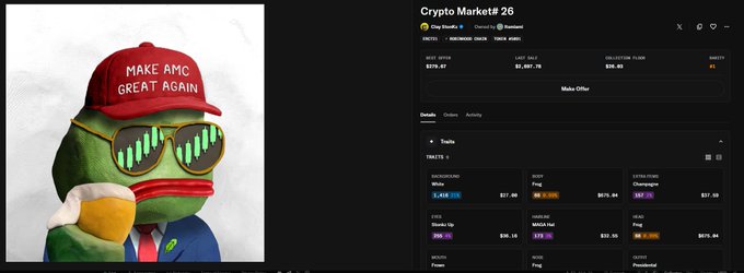 A Pepe the Frog character wearing a "Make AMC Great Again" red hat and green-tinted sunglasses with bar chart lenses appears next to a Crypto Market dashboard showing Clay StonKz with a last sale of $270.07 and a collection floor of $36.63, illustrating the post's claim about the $2700 sale of a Clay StonKz NFT.