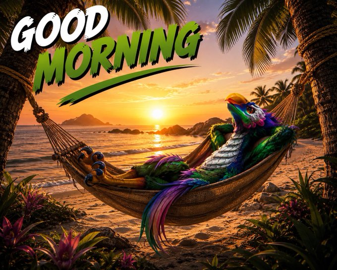 A colorful digital illustration shows a vibrant parrot relaxing in a hammock on a tropical beach at sunset, with 'GOOD MORNING' written in large green and white text.