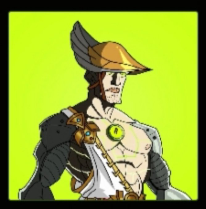 A stylized digital illustration of a muscular, armored warrior with a winged golden helmet, exposed chest, and dark shoulder armor set against a bright green background.