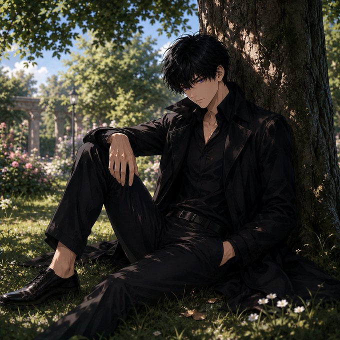 An anime-style illustration of a young man with black hair and purple eyes, dressed in all black, sitting against a tree in a sunlit garden setting.