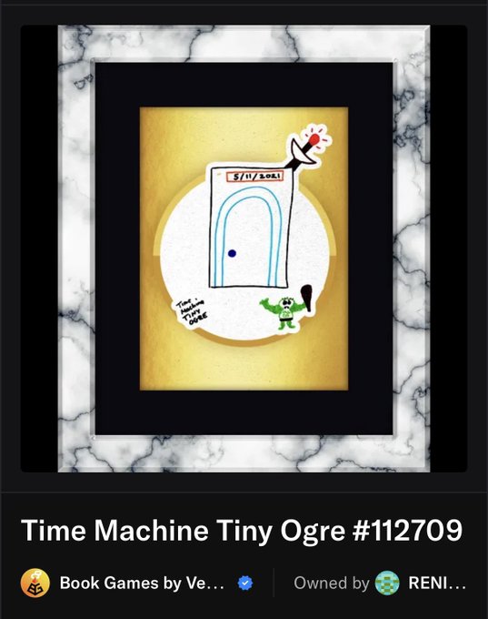 This image shows a digital art piece titled "Time Machine Tiny Ogre #112709", from "Book Games by Ve...", which directly relates to the user's question about their Tiny Time Machine Ogre's value.