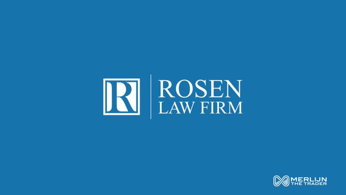 A blue graphic displays the Rosen Law Firm logo alongside a "Merlin The Trader" watermark in the corner, representing the law firm mentioned in the post that has launched an investigation into Strategy (formerly MicroStrategy) over its STRC preferred shares, which were marketed with promised returns now under scrutiny.