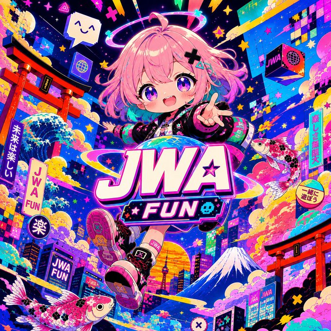 Vibrant anime-style promotional artwork featuring a pink-haired character jumping above the 'JWA FUN' logo, surrounded by neon Japanese elements, koi fish, torii gates, Mt. Fuji, and cyberpunk cityscape.