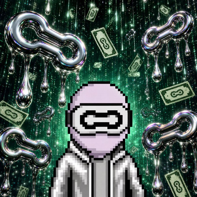A pixelated figure wearing sunglasses and a chain stands centered against a green digital rain backdrop with floating dollar bills, surrounded by metallic 3D chain links dripping with liquid chrome. The imagery of chains and money visually reinforces the post's message about how latency in Ethereum translates directly into financial cost ("milliseconds aren't time, they're capital"), symbolizing the locked-in connection between network speed and monetary value.