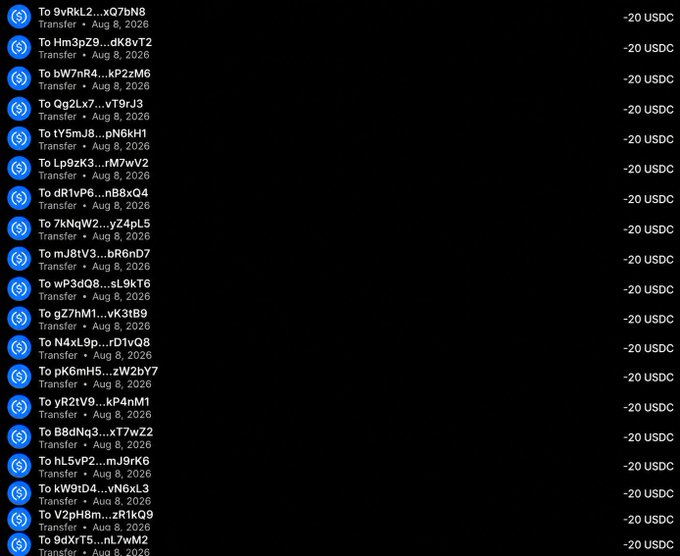 The image shows a list of USDC transactions on the Solana blockchain, displaying 20 transfers of "-20 USDC" each to various wallet addresses (e.g., 9vRkL2...xQ7bN8, Hm3pZ9...dK8vT2) on August 8, 2026. This relates to the post about a tournament, as it appears to document the $20 USDC rewards being distributed to participants who joined and submitted their SOL address and screenshots.