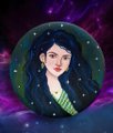 A small digital avatar of a girl with dark hair wearing a green top, set against a dark purple starry background.