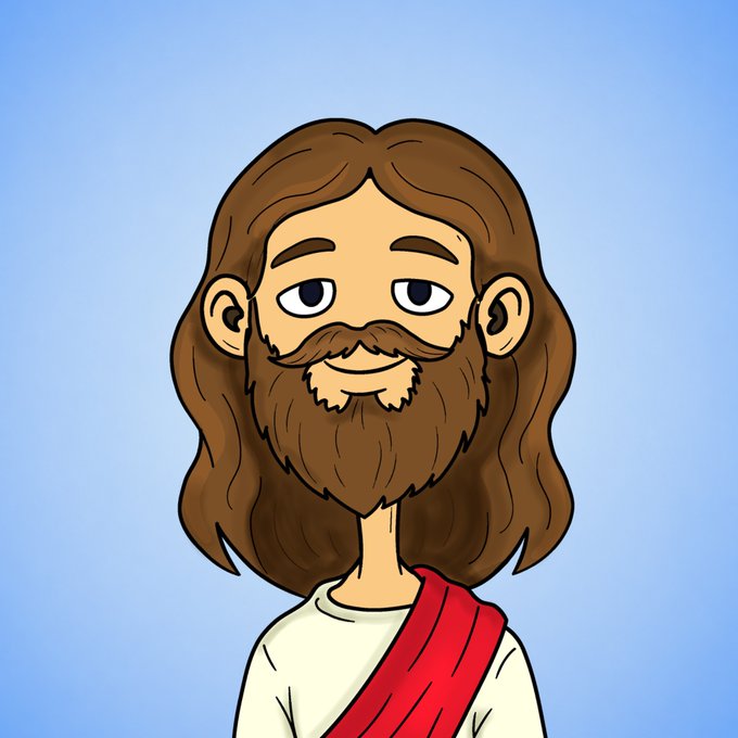 The image features a cartoon depiction of Jesus Christ with a beard and mustache wearing a red robe or cape. The man has long hair that covers most of his face, giving him a distinctive appearance. He appears to be smiling at the camera, creating an endearing and relatable character for viewers. The post reads "Turned water into wine, still couldn't find his nose gNose, Minting", which is likely a reference to Jesus being referred to as "the Son of God" or "God". This phrase adds humor and playfulness to the image while maintaining its religious context.