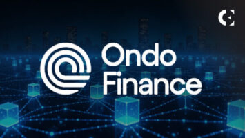 A graphic features the 'Ondo Finance' logo and text against a dark blue digital network background with cube elements.