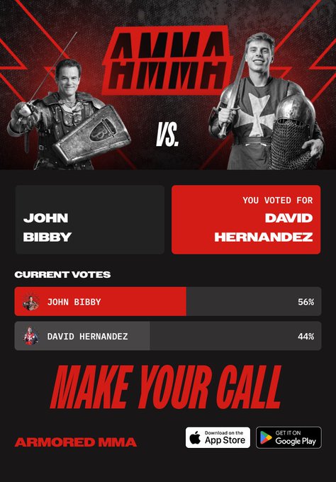 An Armored MMA promotional graphic shows a 'Make Your Call' vote between John Bibby (56%) and David Hernandez (44%), with the user having voted for David Hernandez.