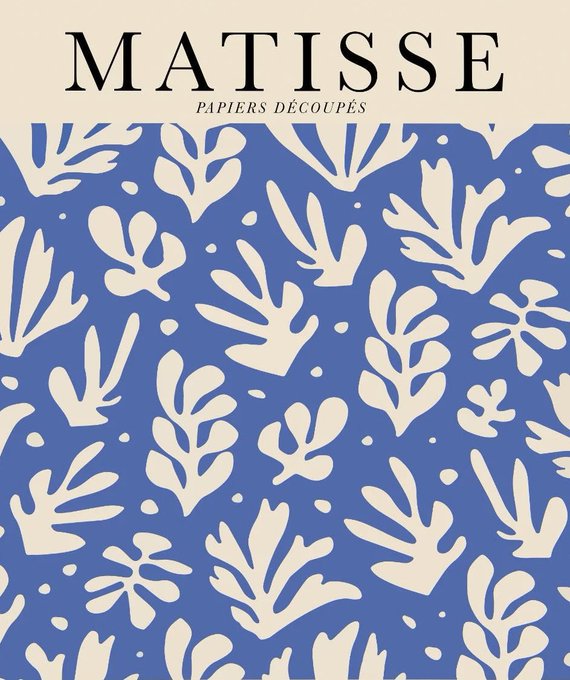 A decorative design titled 'MATISSE PAPIERS DÉCOUPÉS' featuring blue and white abstract leaf and floral cutout patterns.