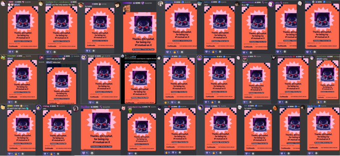 A grid of 21 screenshots showing X (formerly Twitter) posts with the text "Thank you @X for backing my #Xmail and #PFPfrens," featuring a pixelated orange and purple creature avatar. The repetitive grid of identical posts visually reinforces the post's message of mass fan support, as each tile represents another fan publicly endorsing and engaging with the community—echoing the "GEMs ON TOP" declaration of collective loyalty.