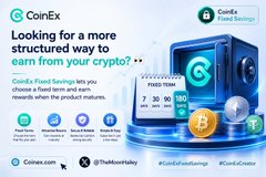 CoinEx advertisement banner reading 'Looking for a more structured way to earn from your crypto?' with CoinEx logo, Fixed Savings option, and hashtags #CoinEx #TheMoonWay #CoinExFixedSavings.