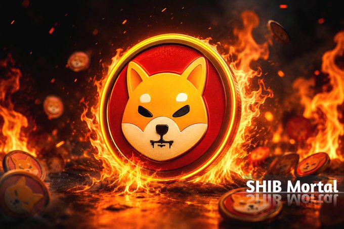A digital graphic featuring a Shiba Inu dog emblem engulfed in flames with floating coins in the background, labeled 'SHIB Mortal' in the corner.