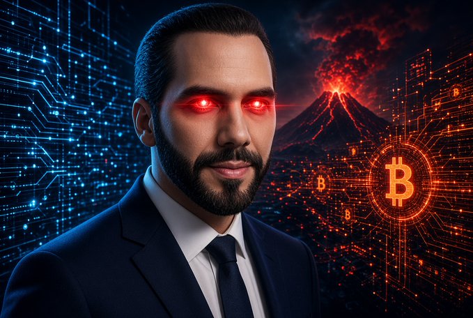 A stern man with glowing red eyes is set against a backdrop of erupting volcanoes and digital Bitcoin symbols, visually capturing the volatile tension between El Salvador's crypto ambitions and the IMF's financial demands. The fiery imagery mirrors the political "eruption" as El Salvador maneuvers around its $138,000,000 IMF loan conditions while still missing its Bitcoin targets.