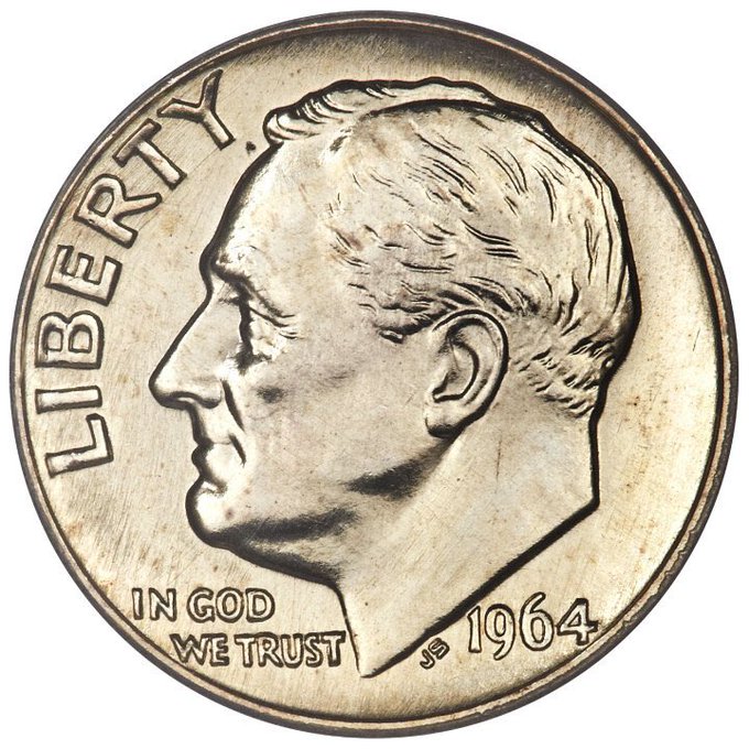 A close-up image of the obverse side of a 1964 Roosevelt dime, featuring the profile of Franklin D. Roosevelt with the inscriptions "LIBERTY," "IN GOD WE TRUST," and the date "1964." The caption "1 $DOGE" refers to the cryptocurrency Dogecoin, humorously suggesting the coin's value equals one Dogecoin.