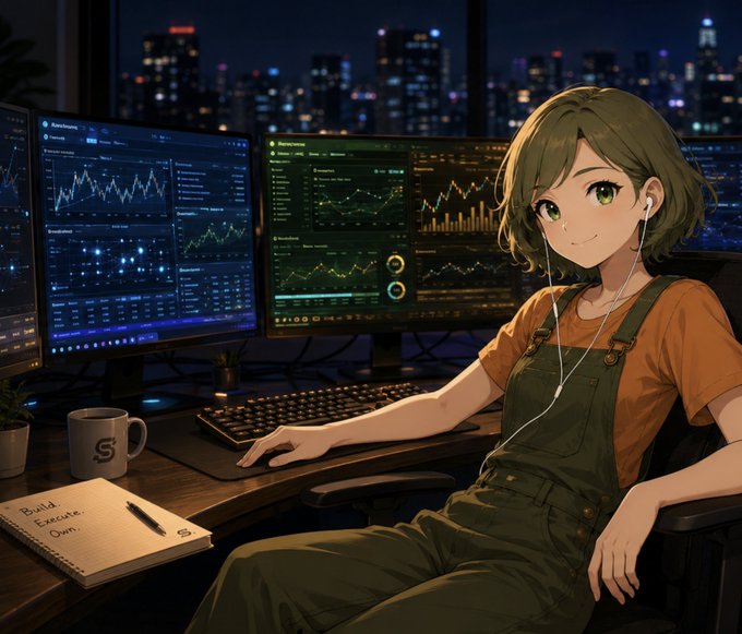 An anime-style illustration of a green-haired girl in overalls sitting at a desk with multiple monitors displaying financial charts and trading data, with a notepad reading 'Build Execute Own.'