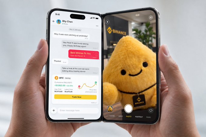 Two smartphones held side by side, with the left screen showing a chat conversation with 'Billy Chen' including messages like 'Hey, It was nice catching up yesterday!' and 'Best Wishes To You', and the right screen displaying a Binance promotional image of a yellow fluffy mascot.