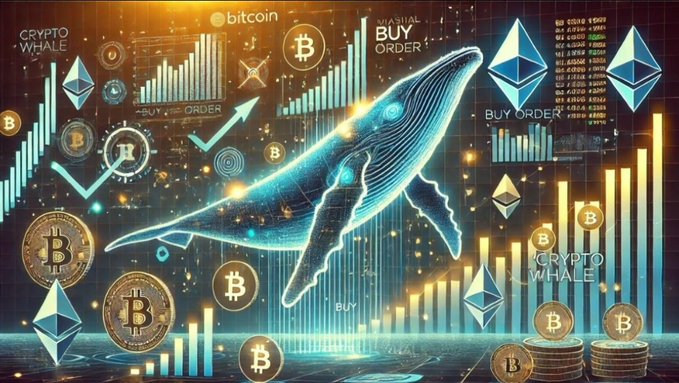 A glowing blue whale floats amidst holographic Bitcoin and Ethereum logos, rising bar charts, and "BUY ORDER" labels, visually representing crypto whales accumulating major cryptocurrencies like BTC and ETH during market weakness.