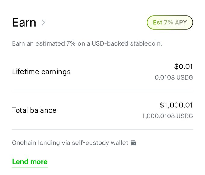 A screenshot of Robinhood Chain's Earn section showing an estimated 7% APY on USDG, with $0.01 in lifetime earnings on a total balance of $1,000.01 USDG via onchain lending through a self-custody wallet. The image illustrates the user's successful quick setup of lending through their existing brokerage account, while highlighting the self-custody/KYC tradeoffs they mention in the post.