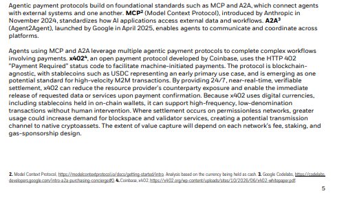 A text excerpt discussing agentic payment protocols, mentioning MCP (Model Context Protocol) and A2A, with references to x402, USDC, Coinbae, and HTP.