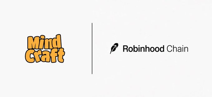 The image displays the MindCraft and Robinhood Chain logos side by side, visually representing the migration announcement. The pairing of these two logos illustrates MindCraft's transition from Ethereum to the Robinhood Chain, highlighting the key parties involved in the blockchain move.