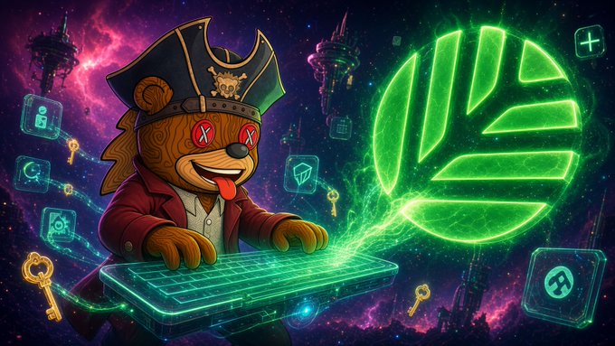 A vibrant digital illustration of a pirate-themed bear character wearing an eye-patch and pirate hat, typing on a glowing green holographic keyboard with a bright green Solana logo and floating crypto-related icons against a cosmic background.