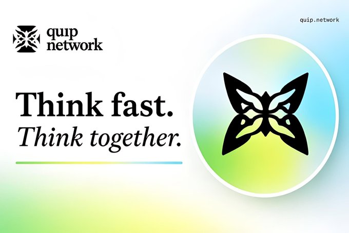 The image features a poster with an illustration of a butterfly on it. The butterfly is black and white with yellow accents. It is set against a green background that has a gradient effect, giving it a somewhat dreamlike appearance. The text "Think fast. Think together." is written in a modern font below the butterfly. Additionally, there is an arrow pointing to a logo or icon on the poster, although its purpose or significance cannot be definitively determined from the image alone.
