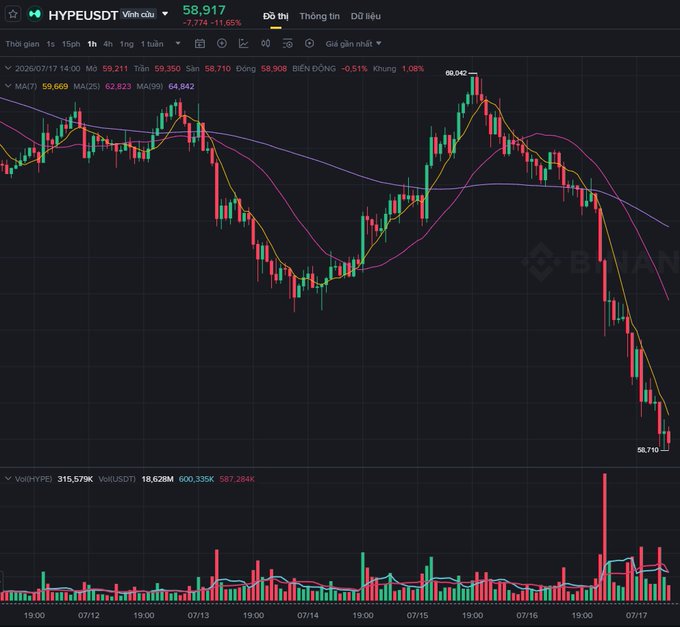 A Binance 1-hour candlestick chart for HYPE/USDT showing a sharp decline to 58,917, down 11.65%, with a notable volume spike.