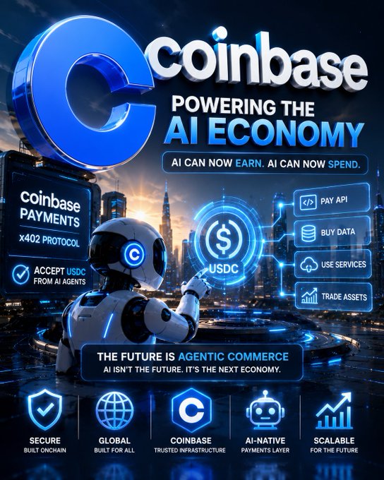 A futuristic promotional graphic for Coinbase titled "POWERING THE AI ECONOMY" with the tagline "AI CAN NOW EARN. AI CAN NOW SPEND," highlighting features like Coinbase Payments, x402 Protocol, and USDC.