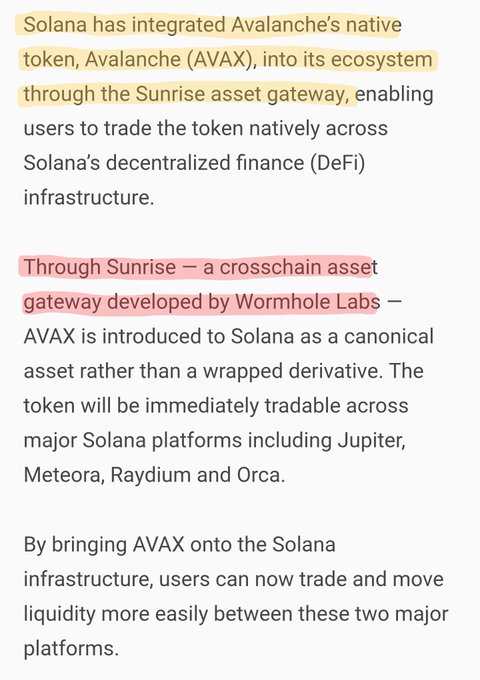 The image shows a screenshot of an article about AVAX, which is a cryptocurrency that has been gaining popularity recently. The text in the image provides information about AVAX's integration into the Solana blockchain and its potential impact on users' wallets.