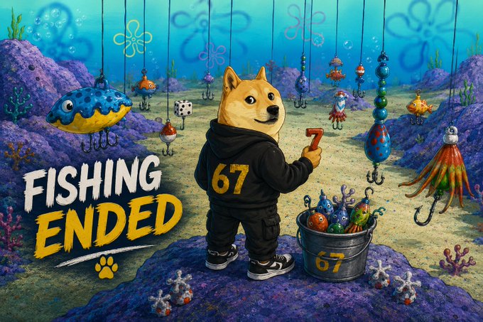 A Doge-themed image showing a Shiba Inu wearing a hoodie tagged '67' holding a fishing rod over a bucket of fish lures, with 'FISHING ENDED' written on the left.