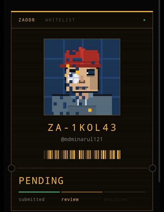 A digital interface for a 'ZADDR WHITELIST' shows a pixel art avatar wearing a red hat, with the code 'ZA-1KOL43', the handle '@mdminaru121', a barcode, and a 'PENDING' status.