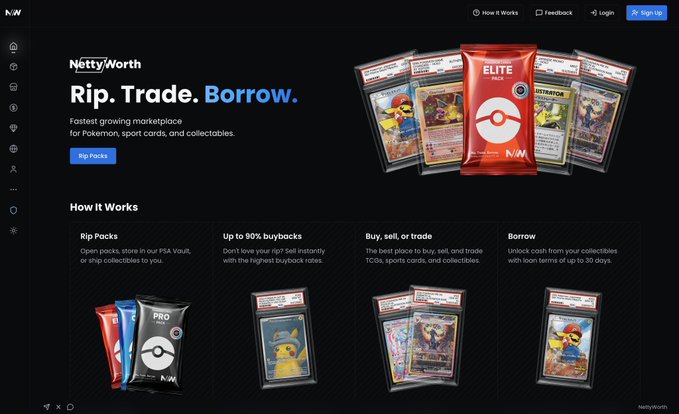 The NettyWorth website landing page with the tagline 'Rip. Trade. Borrow.' promoting a marketplace for Pokemon and sports cards.