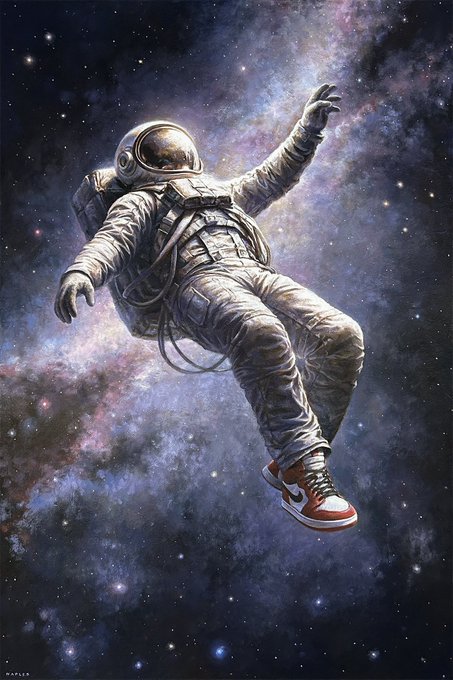 An artistic illustration of an astronaut floating in a colorful galaxy wearing red and white sneakers.