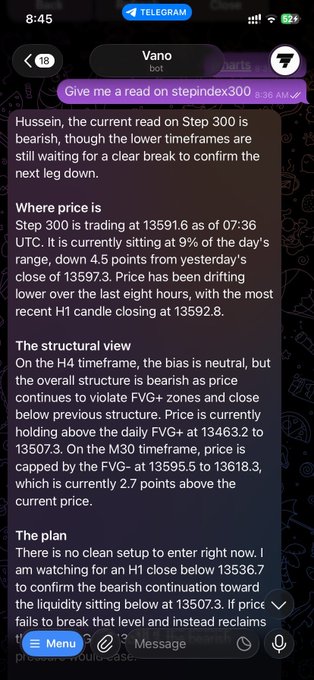 A Telegram message from the 'Vano bot' provides a detailed bearish technical analysis of the 'Step 300' index, noting the current price of 13591.6 and plans to monitor for further downside.