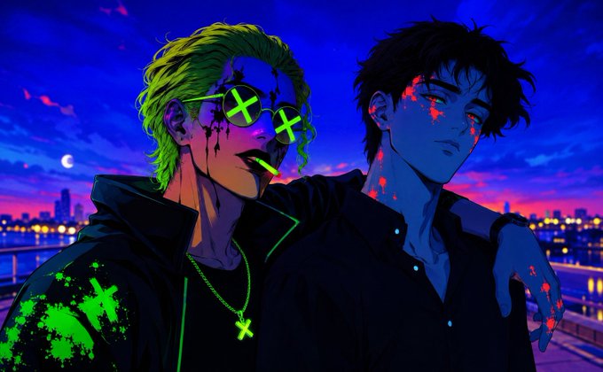 The image features two stylized anime-style characters in a neon-lit nighttime cityscape—one with green hair and glowing X-shaped sunglasses, the other dark-haired and splattered in red—with the green-haired figure wearing an "X" necklace that ties into the post's reference to the XRP cryptocurrency. The "GN" caption (good night) and the vibrant, futuristic aesthetic match the post's encouraging "good night" message to the crypto community.