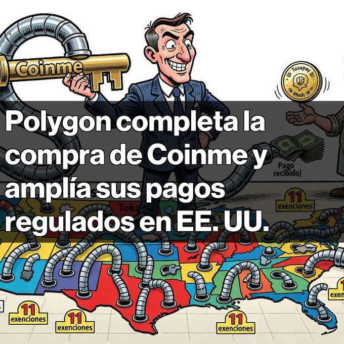 A cartoon illustration of a businessman holding a key labeled 'Coinme' above a US map with multiple holes and '11 exenciones' signs, with Spanish text: 'Polygon completa la compra de Coinme y amplía sus pagos regulados en EE. UU.'