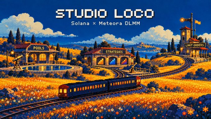 An illustrated landscape titled 'Studio Loco' advertising 'Solana x Meteora DLMM', featuring buildings labeled 'Pools', 'Strategies', and 'Limit Orders' alongside a train on tracks.