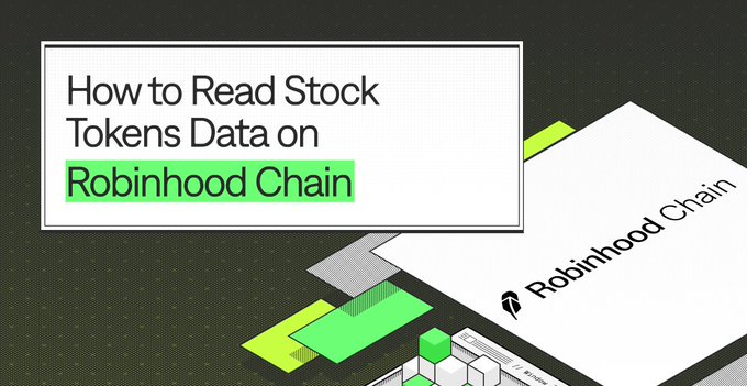 A graphic featuring a white text box with the title 'How to Read Stock Tokens Data on Robinhood Chain', where 'Robinhood Chain' is highlighted in green. An angled 3D rendering of the Robinhood Chain logo appears on the right.