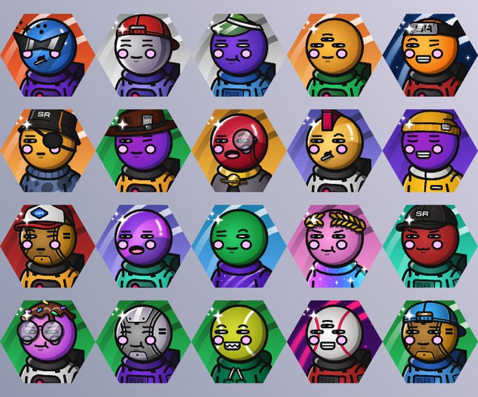 A grid of 20 colorful hexagonal NFT-style digital avatars featuring cartoon characters in various helmets, hats, and outfits on diamond-shaped backgrounds.