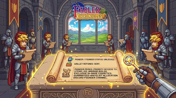 Promotional artwork for "FABLED CHRONICLES" featuring lion-headed knights in armor in a castle setting, with a scroll detailing "PIONEER / FOUNDER STATUS UNLOCKED" perks including priority access to STEAM, IOS, ANDROID builds and "GUARANTEED WHITELIST ALLOCATION".