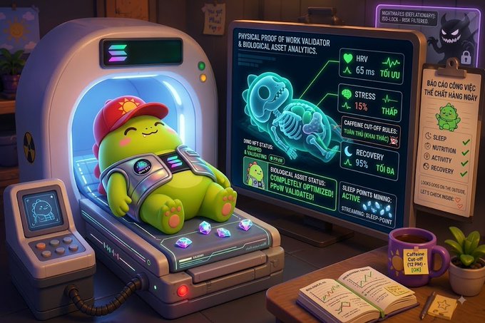 A cartoon-style illustration of a green character in a red cap sitting inside a futuristic scanning machine, with a monitor displaying 'PHYSICAL PROOF OF WORK VALIDATOR & BIOLOGICAL ASSET ANALYTICS' showing metrics like HRV, Stress, and Recovery.