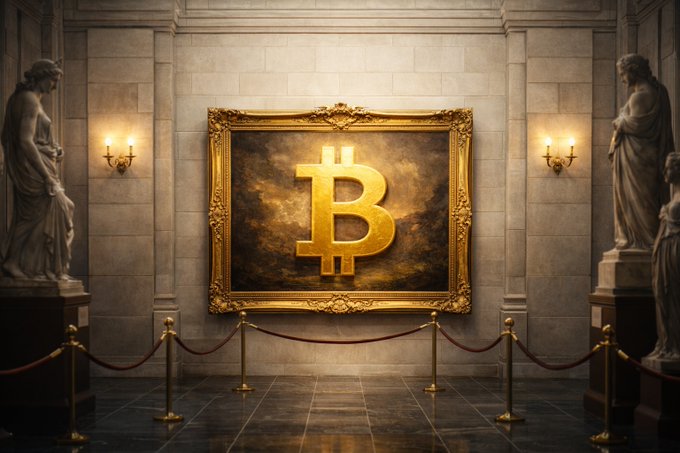 The image features a large painting of a Bitcoin symbol above a red rope barrier with two statues behind it. The painting is located within an ornate room that has a marble floor and columns. A caption below the painting reads, "LATEST: Bittensor co-founder Ala Shaabana says Bitcoin' s network hash rate dwarfs the combined power of the top 100 supercomputers by 600,000 times." This statement suggests that the Bitcoin symbol's size is exaggerated compared to the computing power required for its operation.