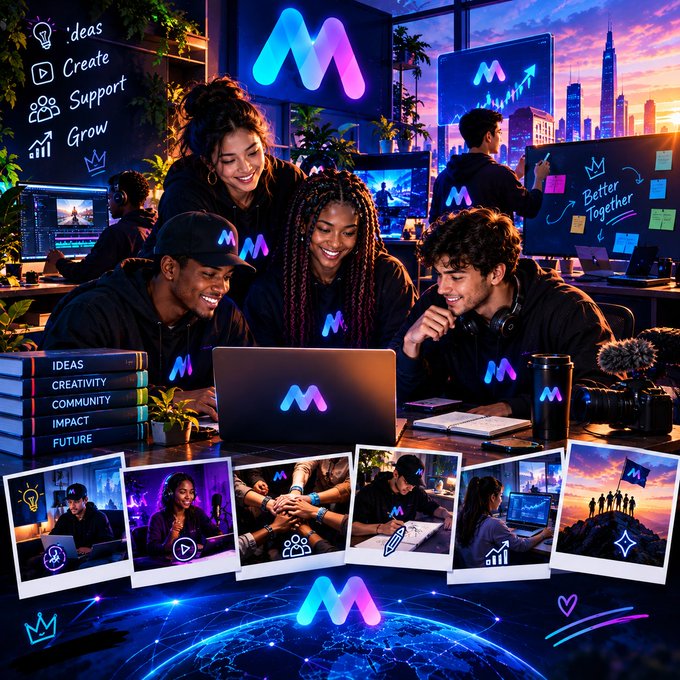 A vibrant promotional graphic for a brand with a neon 'M' logo featuring a group of young people in a modern office, with polaroids below highlighting 'Ideas, Create, Support, Grow.'