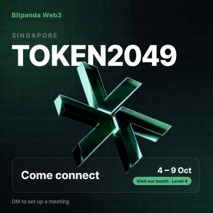 A promotional graphic for Bitpanda Web3 at TOKEN2049 SINGAPORE, featuring a green 3D asterisk logo and the dates '4 – 9 Oct', with the text 'Come connect' and 'Visit our booth · Level 4'.