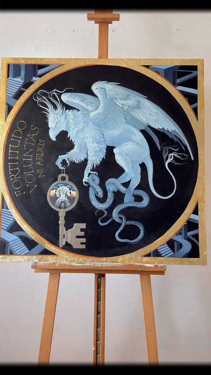 The image features a painting of a bird with wings, possibly a dragon or phoenix, holding a key in its beak. The painting is displayed on an easel against a white background. Below the painting, there's text that reads "very cool Dash artwork!". This suggests that the artwork might have been created by someone named Dash and could be inspired by the concept of a bird with wings or a phoenix-like creature holding a key.