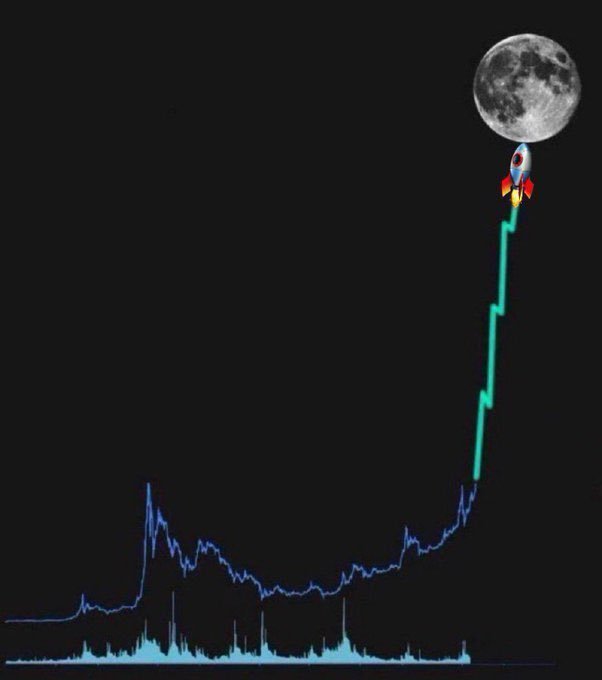 A meme image showing a stock/crypto price chart that spikes sharply upward, with a rocket and the moon at the peak, symbolizing a 'to the moon' rally.