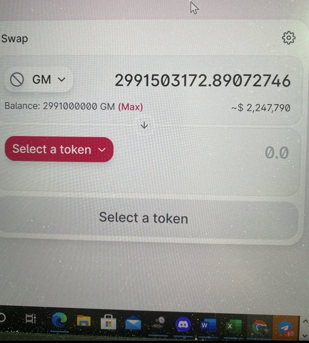 A computer screen displays a swap interface showing a balance of 29,150,317,272.89072746 GM tokens (worth approximately $2,247,790) out of a maximum 29,910,000,000 GM balance. The image relates to the post by illustrating a public wallet's massive GM token holdings, visually supporting the claim of significant gains from the $GM token's rise to a 500mm+ market cap.