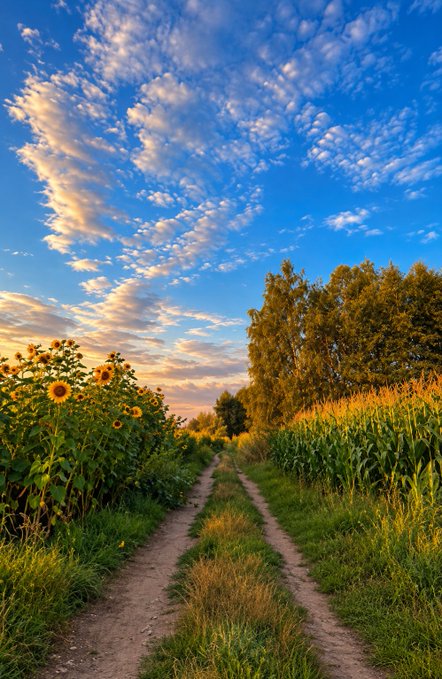 A scenic landscape with a dirt path running through fields of sunflowers and corn, leading toward trees under a vivid blue sky with scattered clouds
