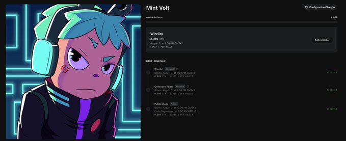 A user interface screen showing an NFT minting platform with a cartoon character wearing headphones on the left, titled 'Mint Volt' with available items priced at 0.005 ETH, and various mint schedule options including 'Wirelist,' 'Collection Phase,' and 'Public stage.'